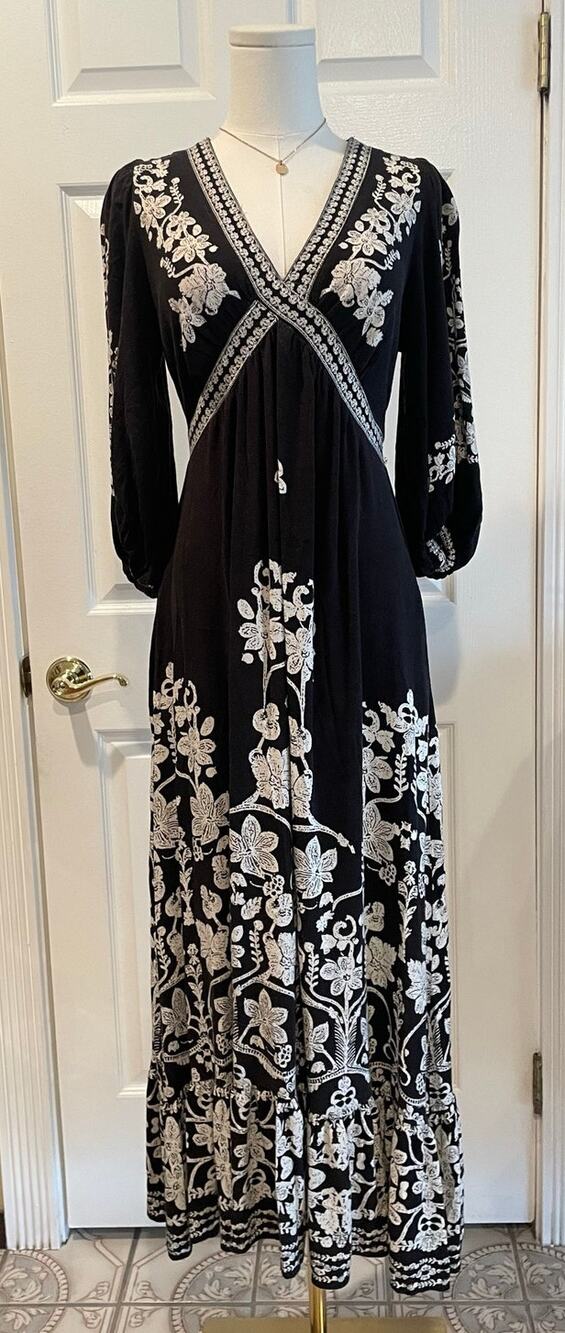 Max Studio Placed Print Maxi Dress V-Neck Boho Long Sleeve Brown White X-Small